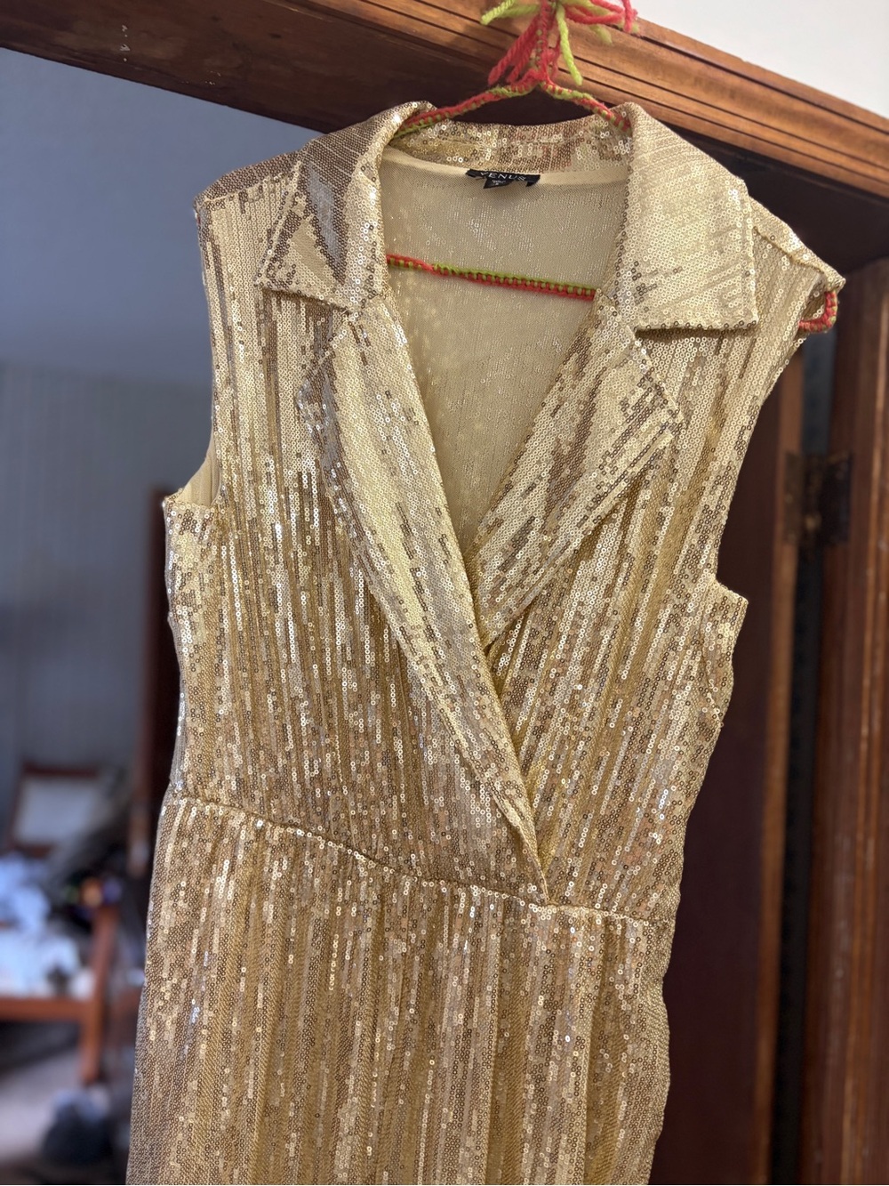 VENUS Gold Sequin Lapel Wrap Jumpsuit Small - Hoco Holiday Formal Like New - Picture 3 of 10